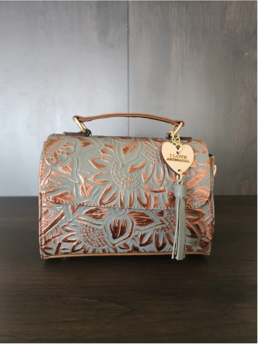 Blue Gray Bronze Sunflower Embossed Tooled Artisan Leather Crossbody Purse